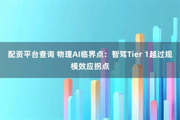 配资平台查询 物理AI临界点:智驾Tier 1越过规模效应拐点